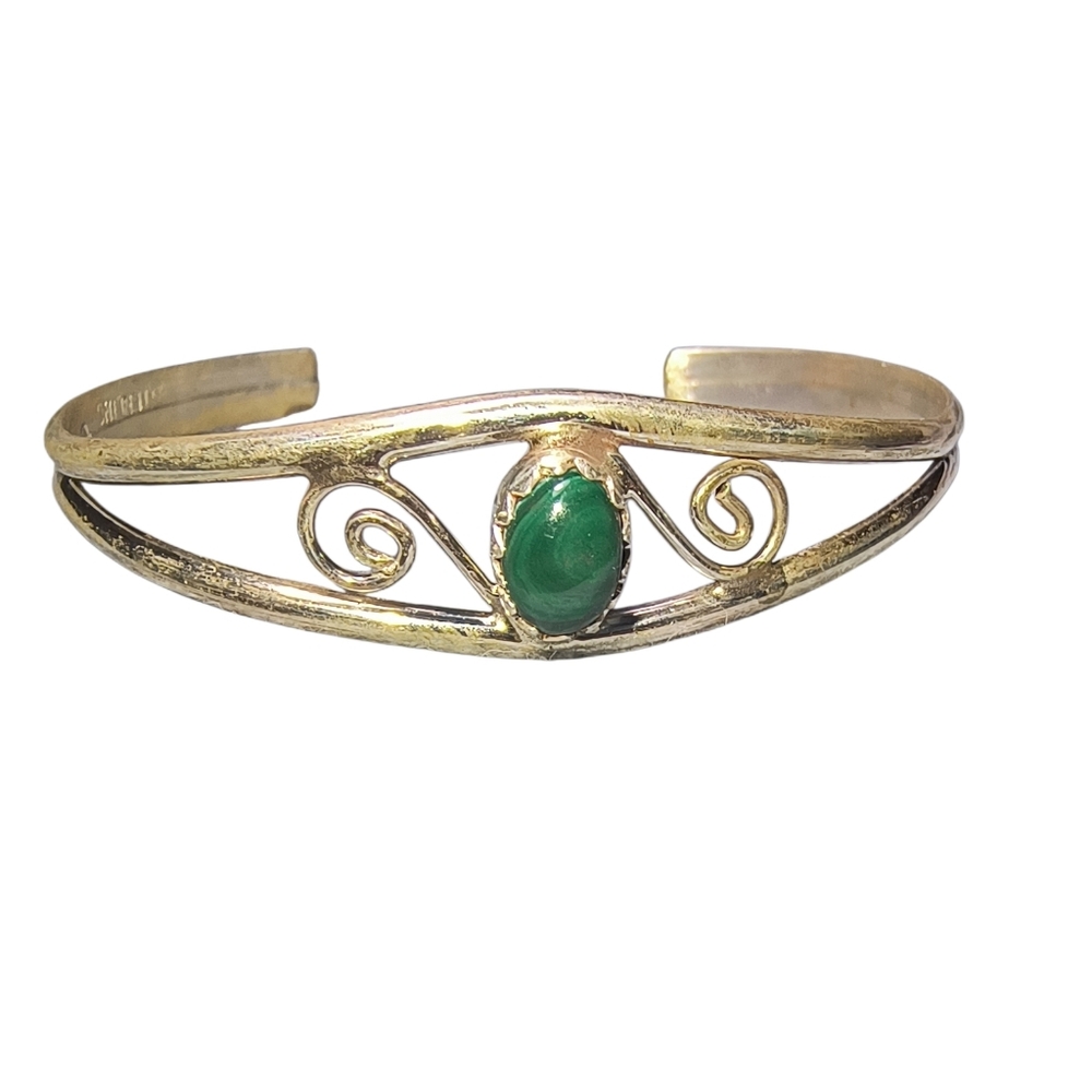 Malachite And Sterling Silver Signed Native American Baby Bracelet - Picture 2 of 13